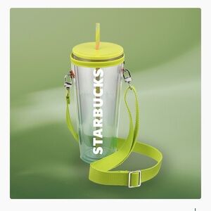 Starbucks Clear Cold Cup (24 oz.) with a Clear Holder and Lime Green Strap / NEW